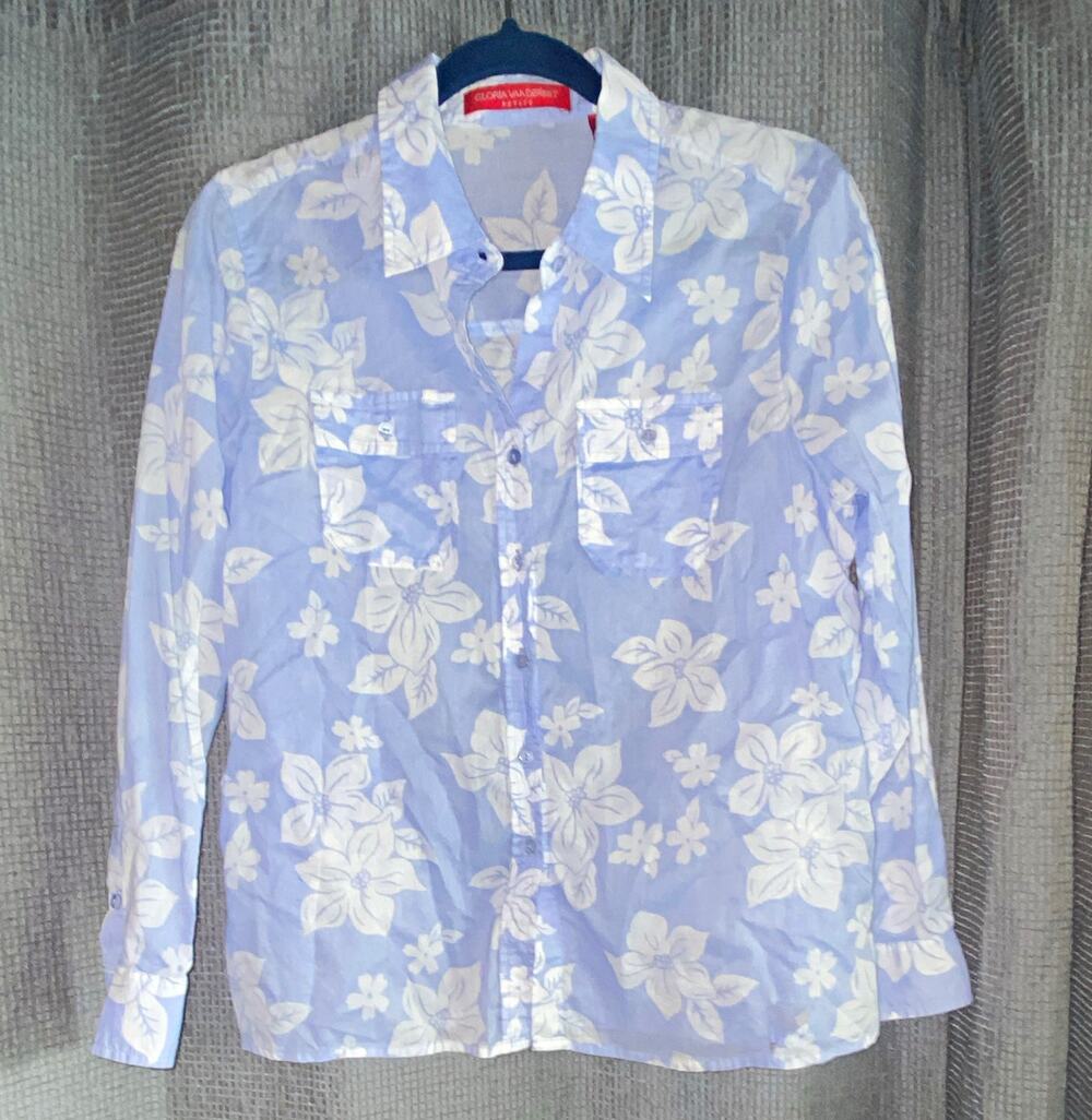 Gloria Vanderbilt Women's Petites PL Blue/White Floral Collared Button-Up Top